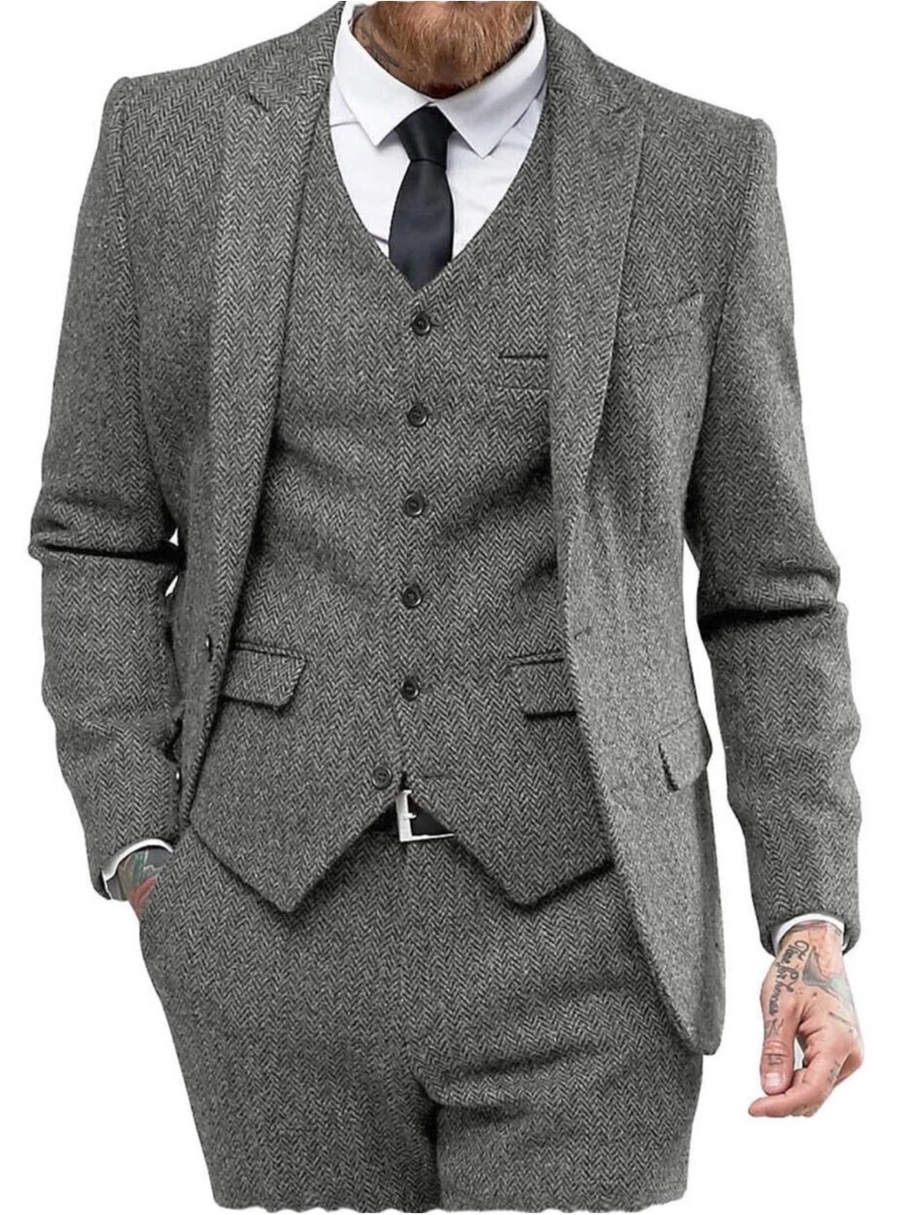 Men's Grey Herringbone 3-Piece Suit - Classic Tailored Fit XL 42 Waist 37.5